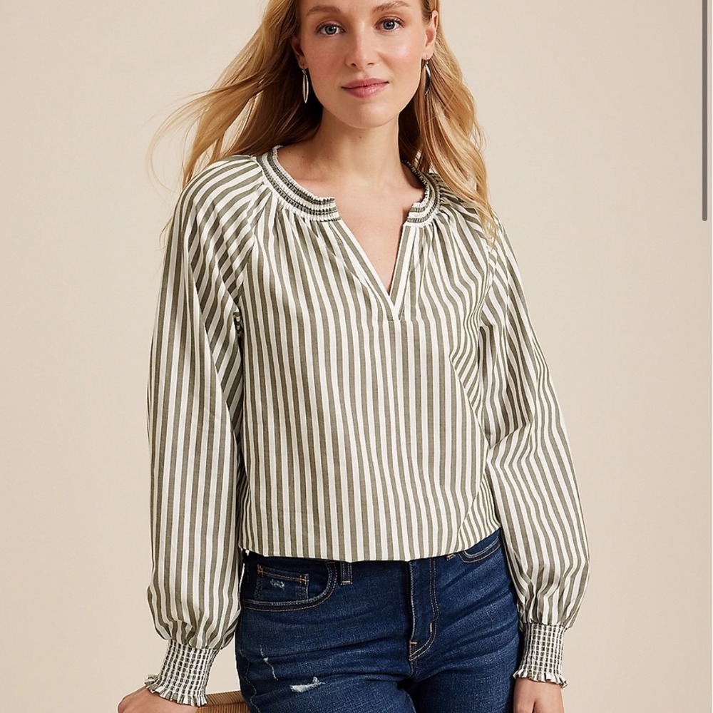 Maurices XXL Blouse Olive Green White Striped V Neck Long Sleeve Smocked Cuffs